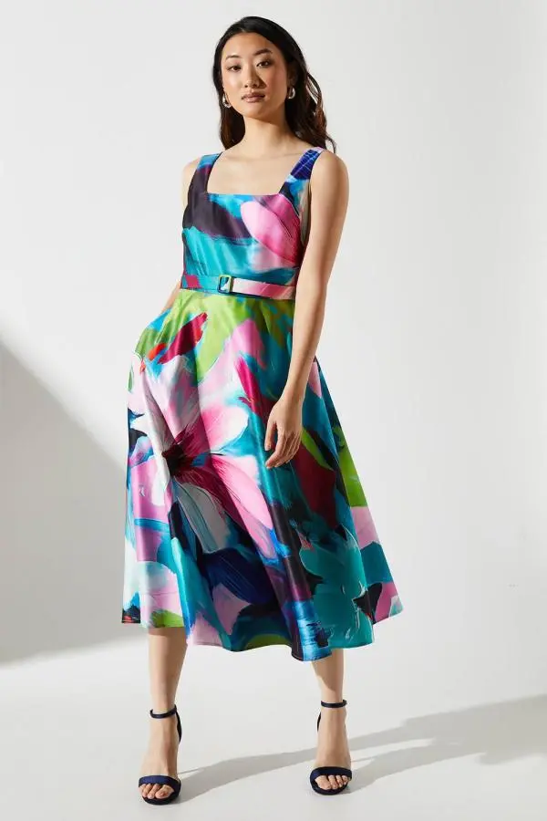 Belted Printed Midi Dress