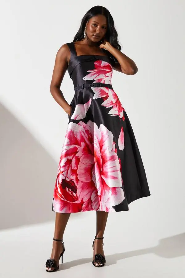 Rose Print Twill Dress - Black