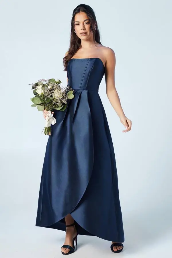 Corset Detail Twill Bridesmaids Dress - Navy