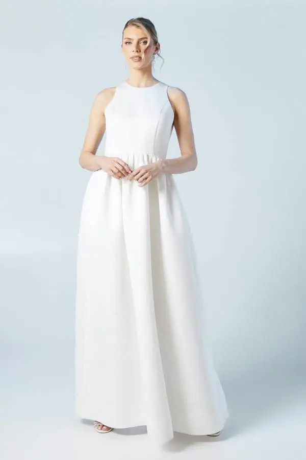 Structured Satin Halter Top Full Skirted Wedding Dress - Ivory