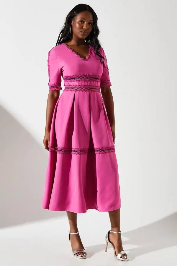 Crochet Insert Crepe V Neck Midi Dress - Pink