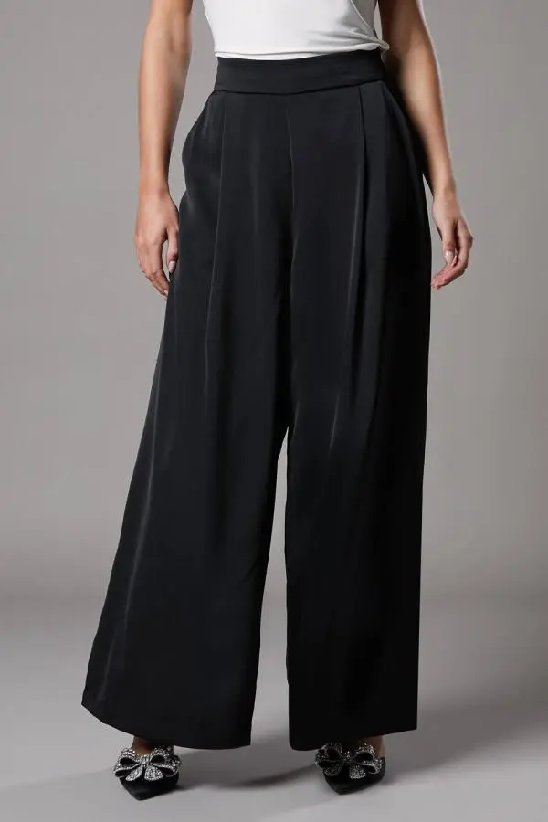 Petite Satin Wide Leg Trouser - Black