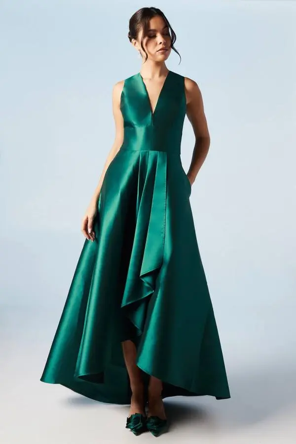 Plunge Waterfall Bridesmaids Maxi Dress - Green