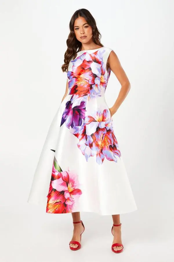 Pocket Satin Twill Placement Print Midi Dress - Ivory