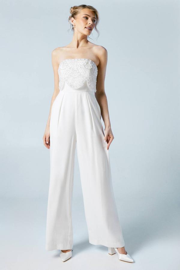 Premium Crepe Scallop Pearl Detail Bridal Jumpsuit - Ivory