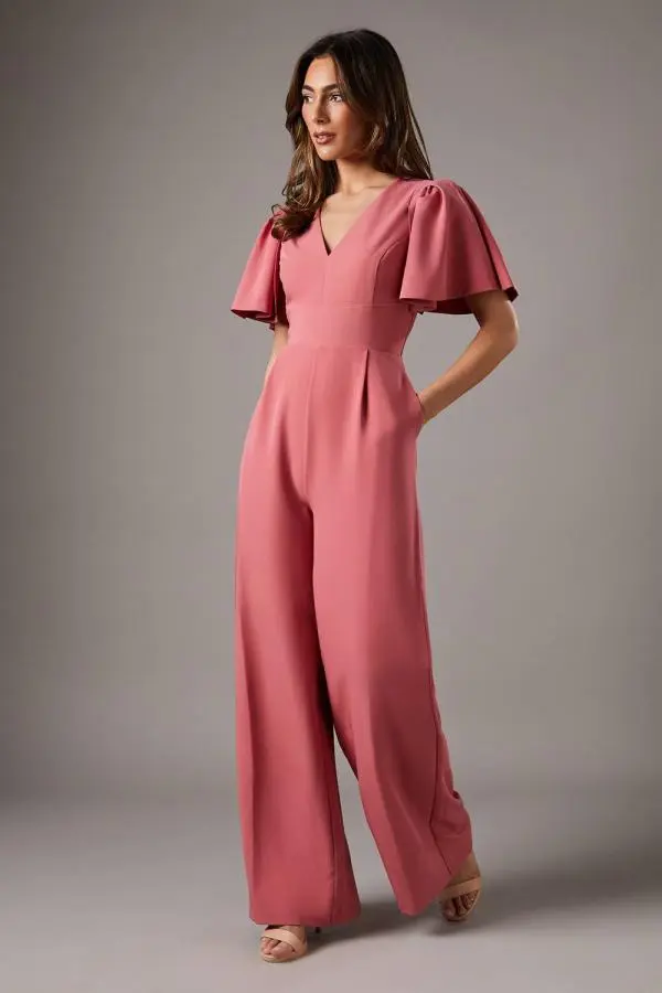 Flutter Sleeve Plunge Jumpsuit - Pink