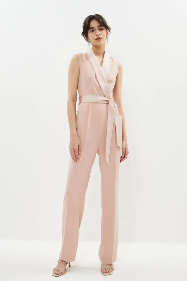 Straight Leg Tie Waist Tux Wrap Jumpsuit 