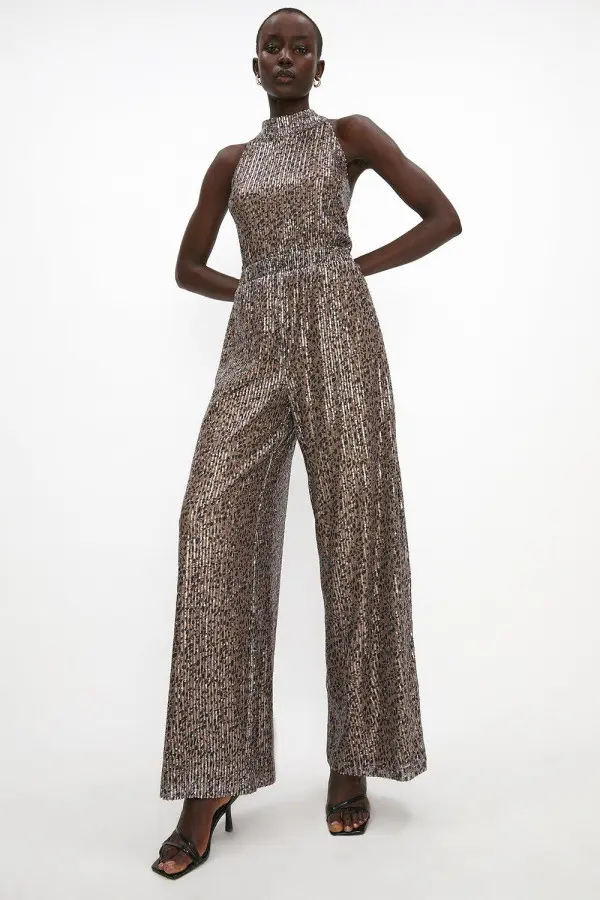 Animal Print Sequin Wide Leg Trousers 