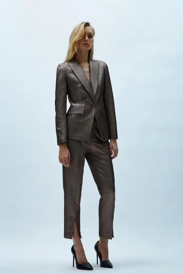 Split Front Metallic Jacquard Trouser 