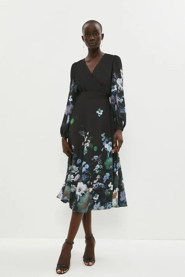 Placement Winter Floral Hem Sweep Wrap Dress 