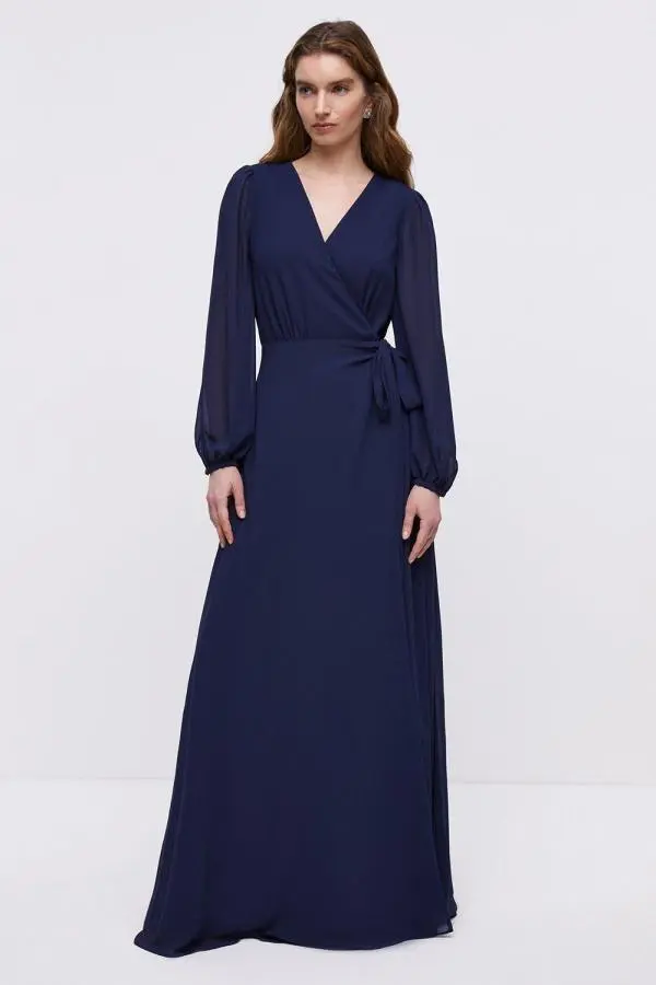 Hem Sweep Maxi Wrap Bridesmaids Dress - Navy