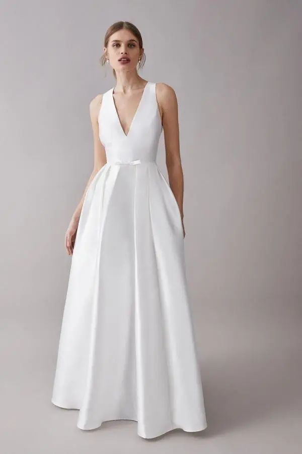 Plunge Neck Bow Waist Maxi Dress With Pockets - Ivory