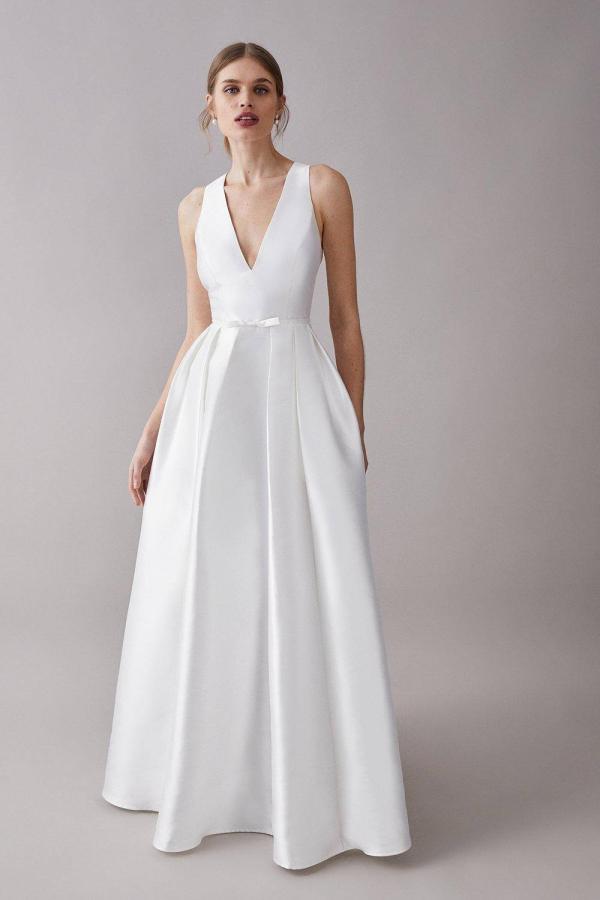 Plunge Neck Bow Waist Twill Maxi Dress With Pockets - Ivory