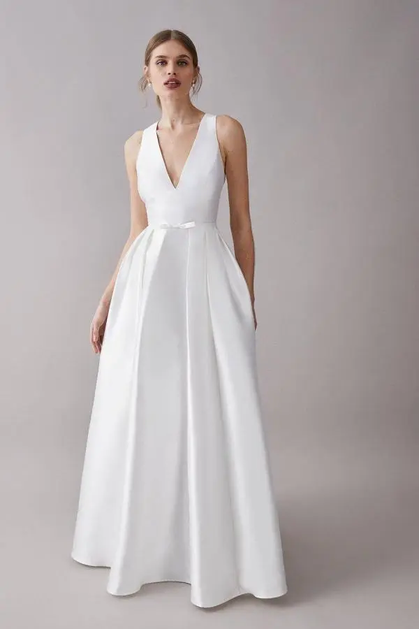 Plunge Neck Bow Waist Twill Maxi Dress With Pockets - Ivory