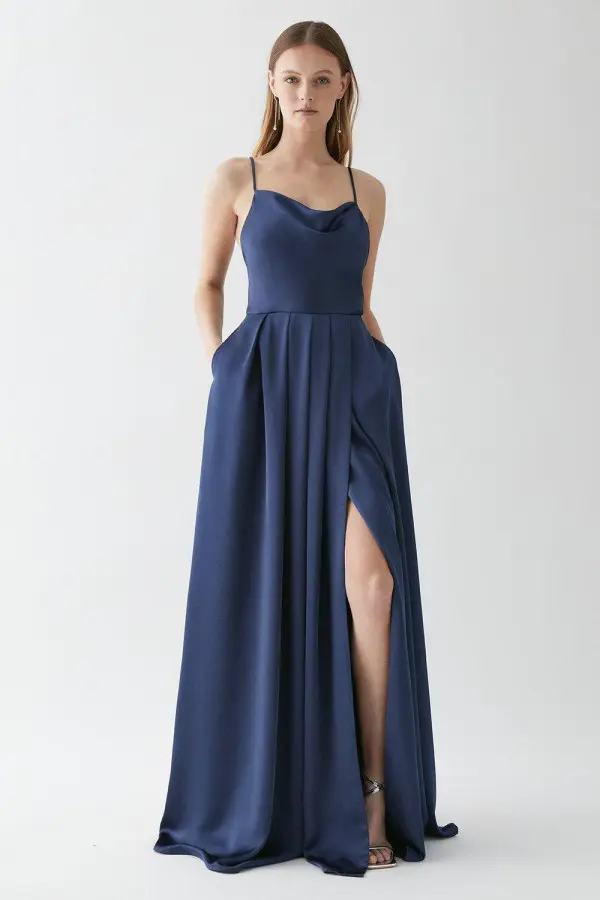 Drape Satin Thigh Split Sweeping Bridesmaid Maxi Dress 