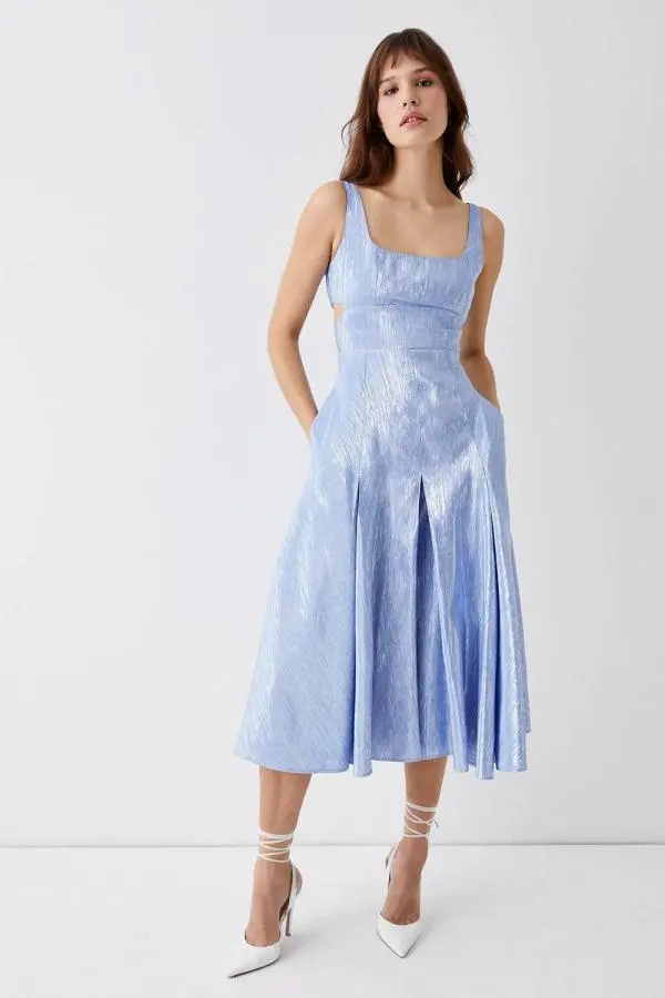 Cutout Side Midi Dress In Metallic - Pale Blue