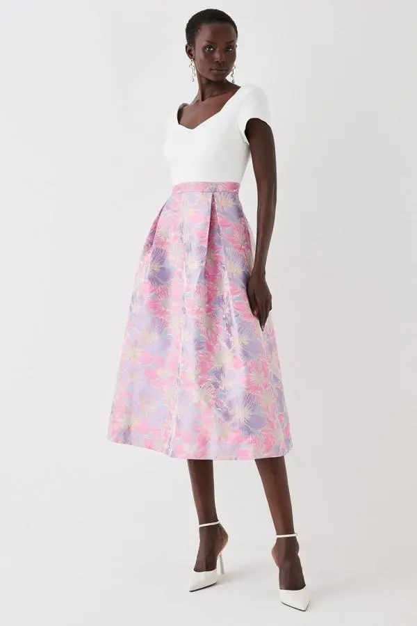 2 In 1 Midi Dress With Ponte Top & Jacquard Skirt - Pink