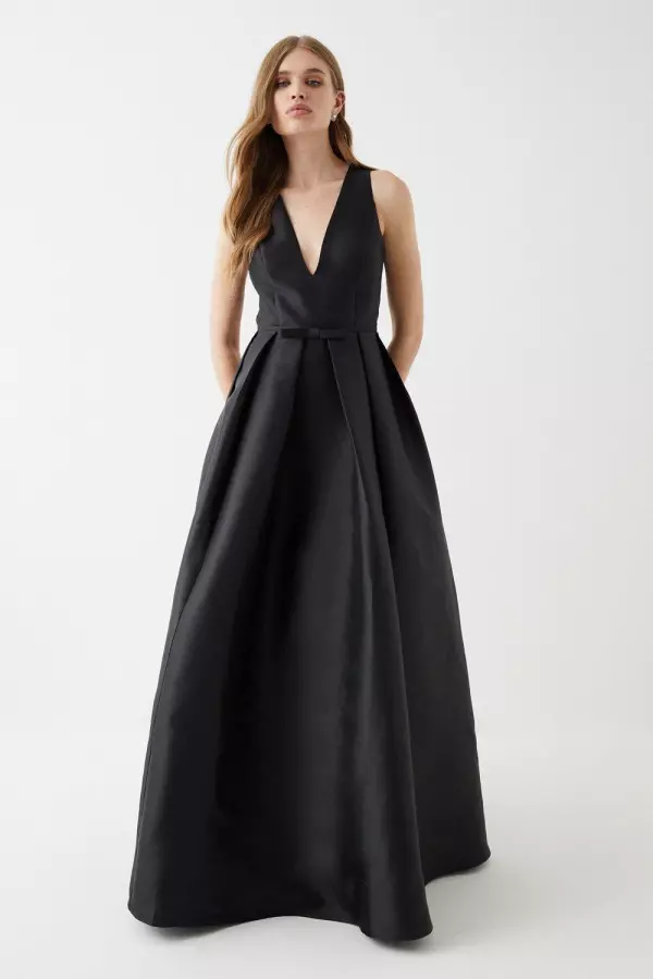 Plunge Neck Bow Waist Maxi Dress With Pockets 
