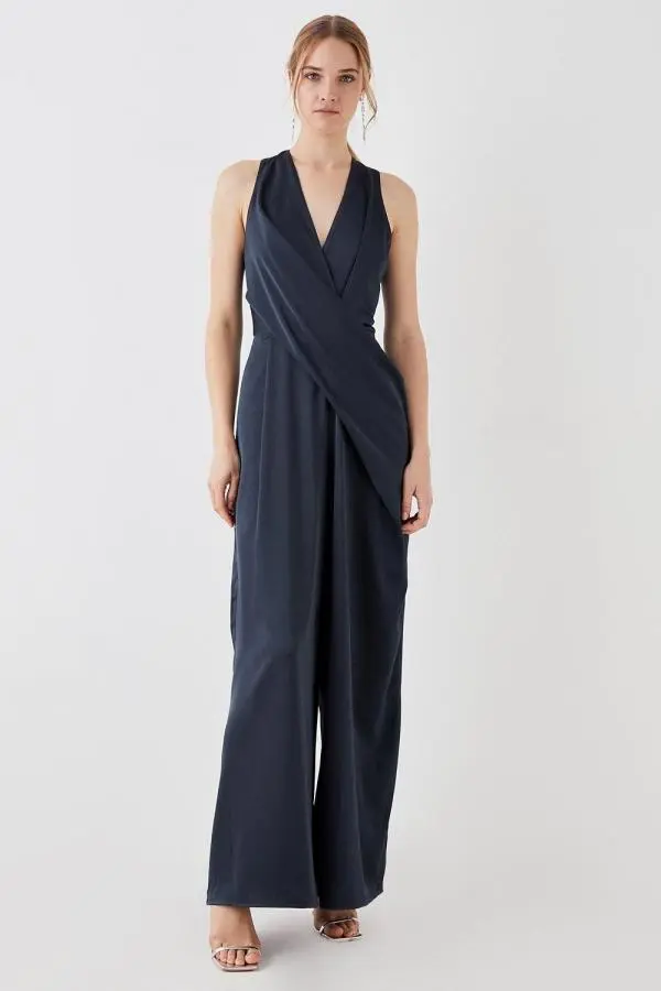 Drape Front Satin Jumpsuit - Navy