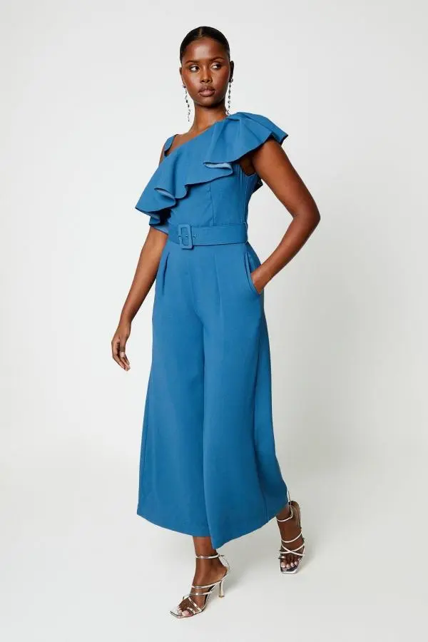 Ruffle Shoulder Belted Jumpsuit - Blue