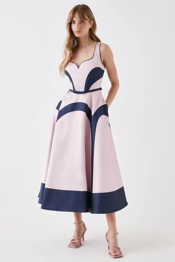 Colour Block Full Skirt Midi Dress - Pink