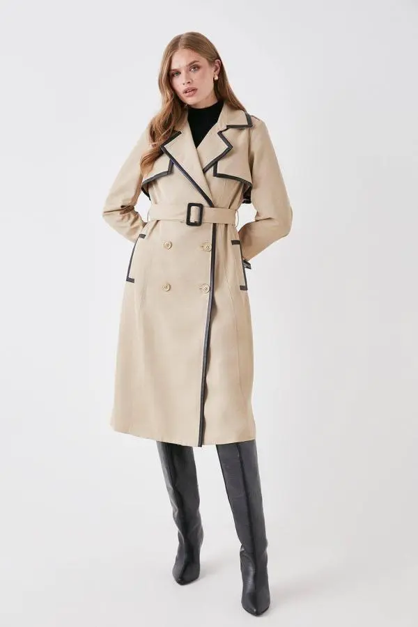 Pu Trimmed Belted Trench Coat - Camel