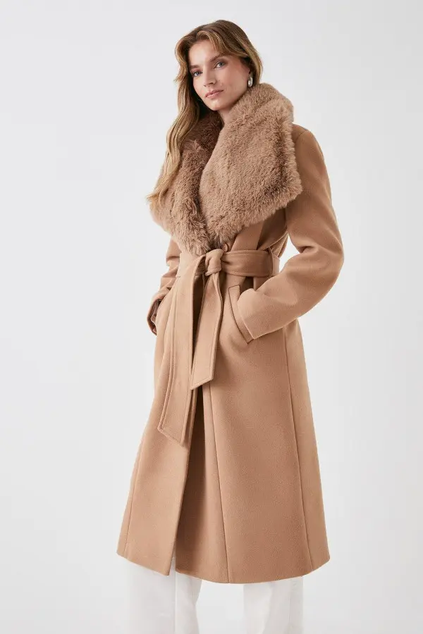 Faux Fur Collar Belted Wrap Coat 