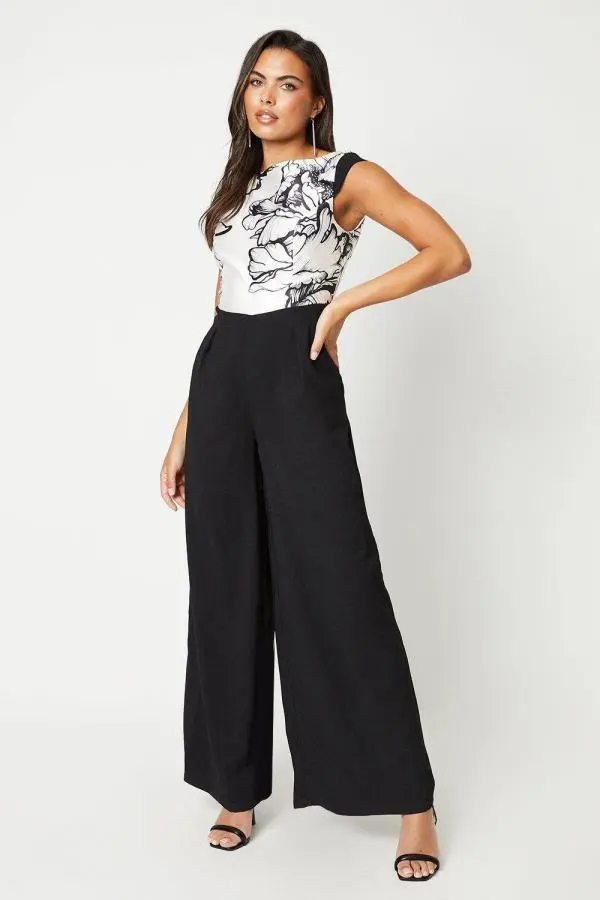 Floral Placement Bodice Wide Leg Jumpsuit - Mono