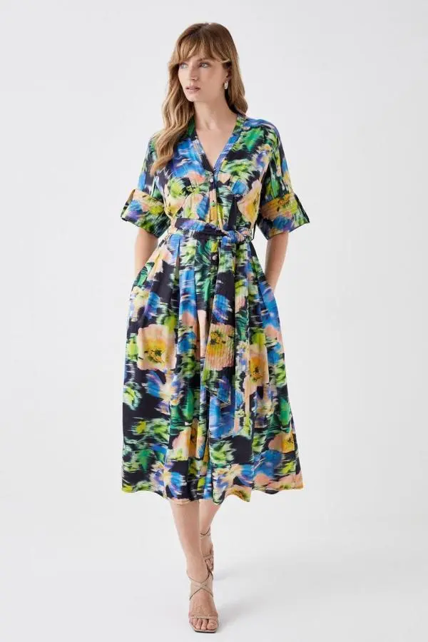 Printed Satin Utility Shirt Dress