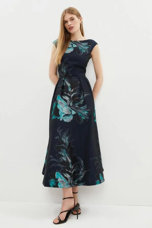 Premium Placement Jacquard Midaxi Dress - Navy