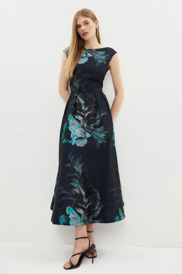 Premium Placement Jacquard Midaxi Dress - Navy