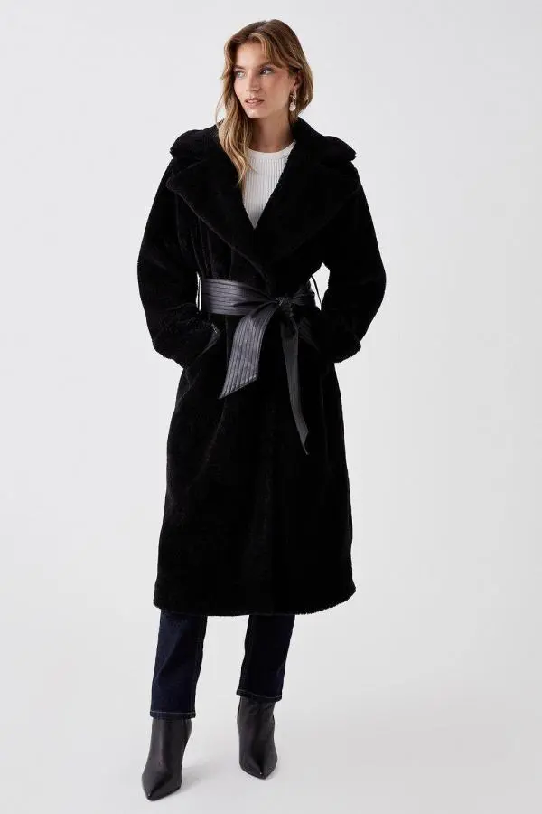 Borg Belted Longline Coat - Black