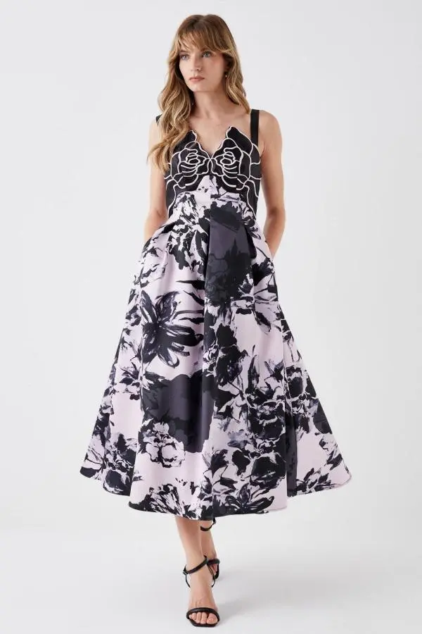 Printed Twill Midi Dress With Embroidered Flowers 