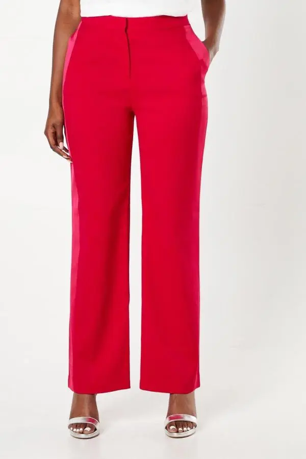 Satin Trim Slim Leg Tailored Trouser - Red