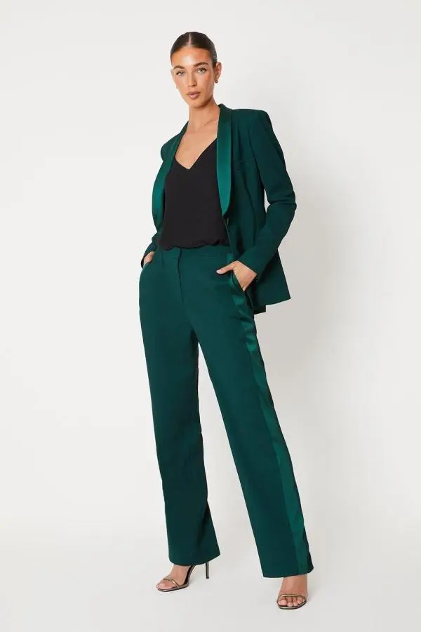 Satin Trim Slim Leg Tailored Trouser - Green