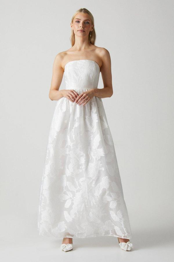 Bandeau A-line Organza Jacquard Maxi Dress - Ivory