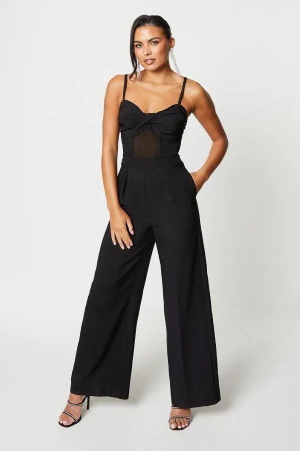 Sophie Habboo Twist Front Corset Mesh Jumpsuit - Black