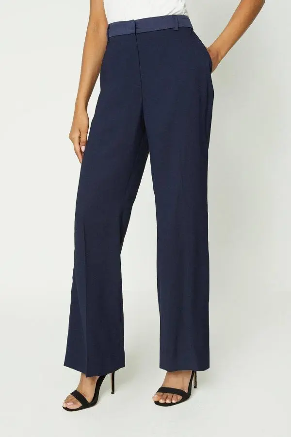 Petite Straight Leg Satin Waistband Trouser - Navy