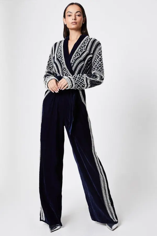 Pearl Beaded Velvet Wrap Jumpsuit 