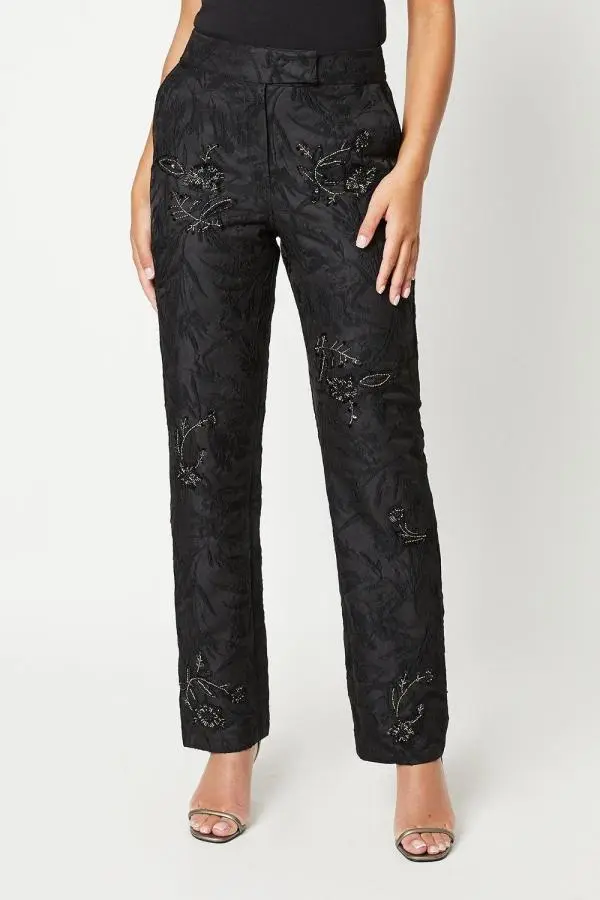 Premium Embellished Jacquard Trousers - Black