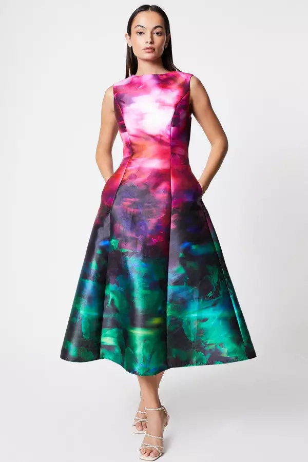 Sleeveless Printed Twill Midi Dress 
