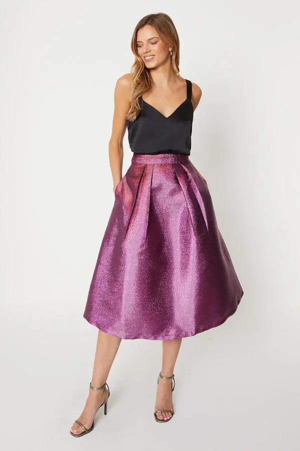 Metallic Jacquard Midi Skirt - Pink