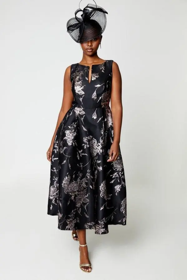 Notch Neck Jacquard Midi Dress 