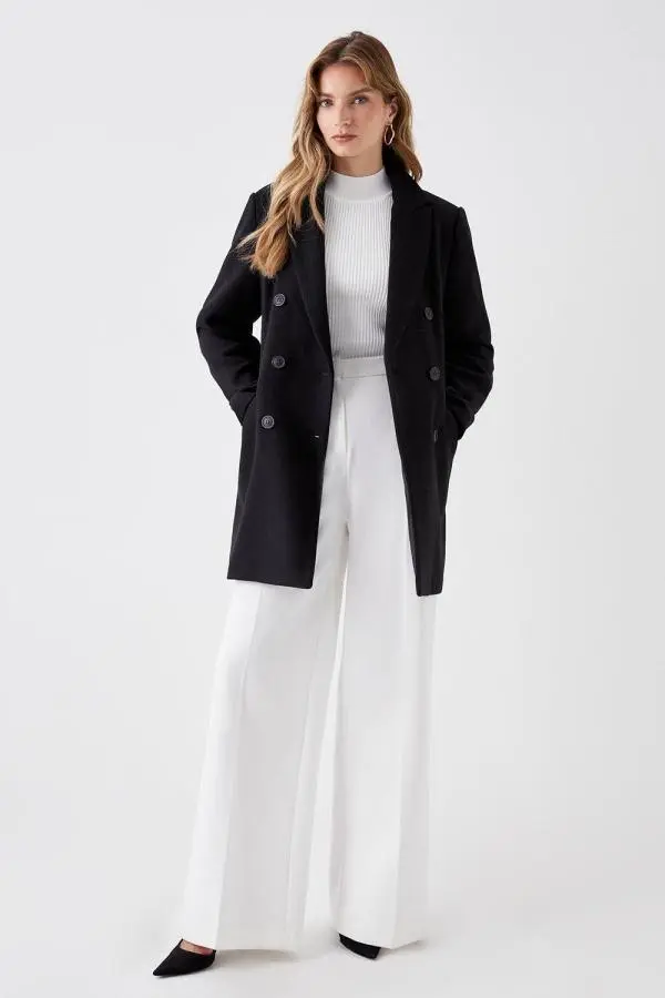 Wool Double Breasted Midi Coat - Black