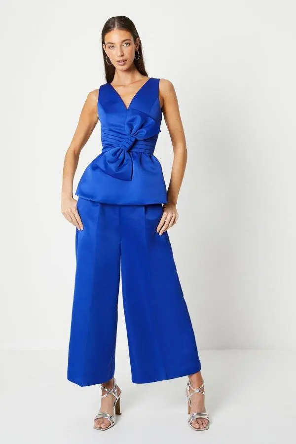 Wide Leg Structured Satin Trouser - Blue