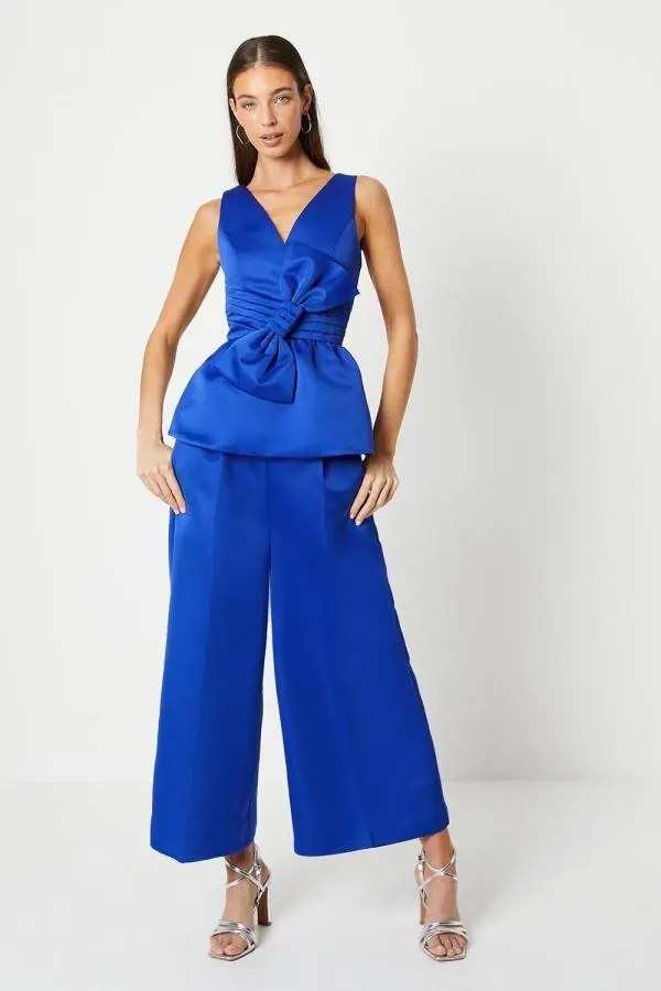 Wide Leg Structured Satin Trouser - Blue