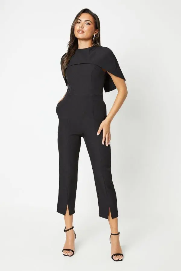 Cape Detail Slim Leg Jumpsuit - Black