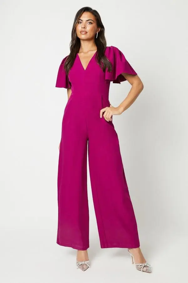 Flutter Sleeve Plunge Jumpsuit - Plum