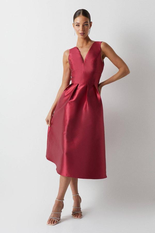 Plunge Neck Structured Twill Midi Bridesmaid Dress - Red