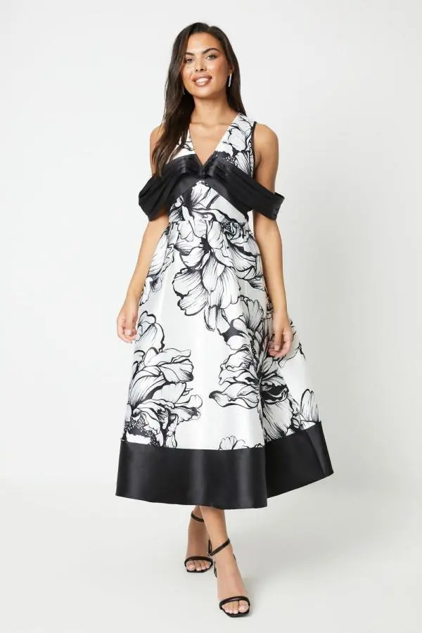 Twill Midi Dress With Pleated Bardot - Mono